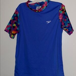 Speedo Blue Swim Shirt with Multicolor Sleeves Kids size 10 good condition